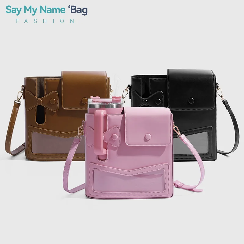 

Portable Outdoor Large Capacity Stanley Water Cup Bag Pink Bow Tie Single Shoulder Crossbody Bag Adjustable Shoulder Strap ﻿