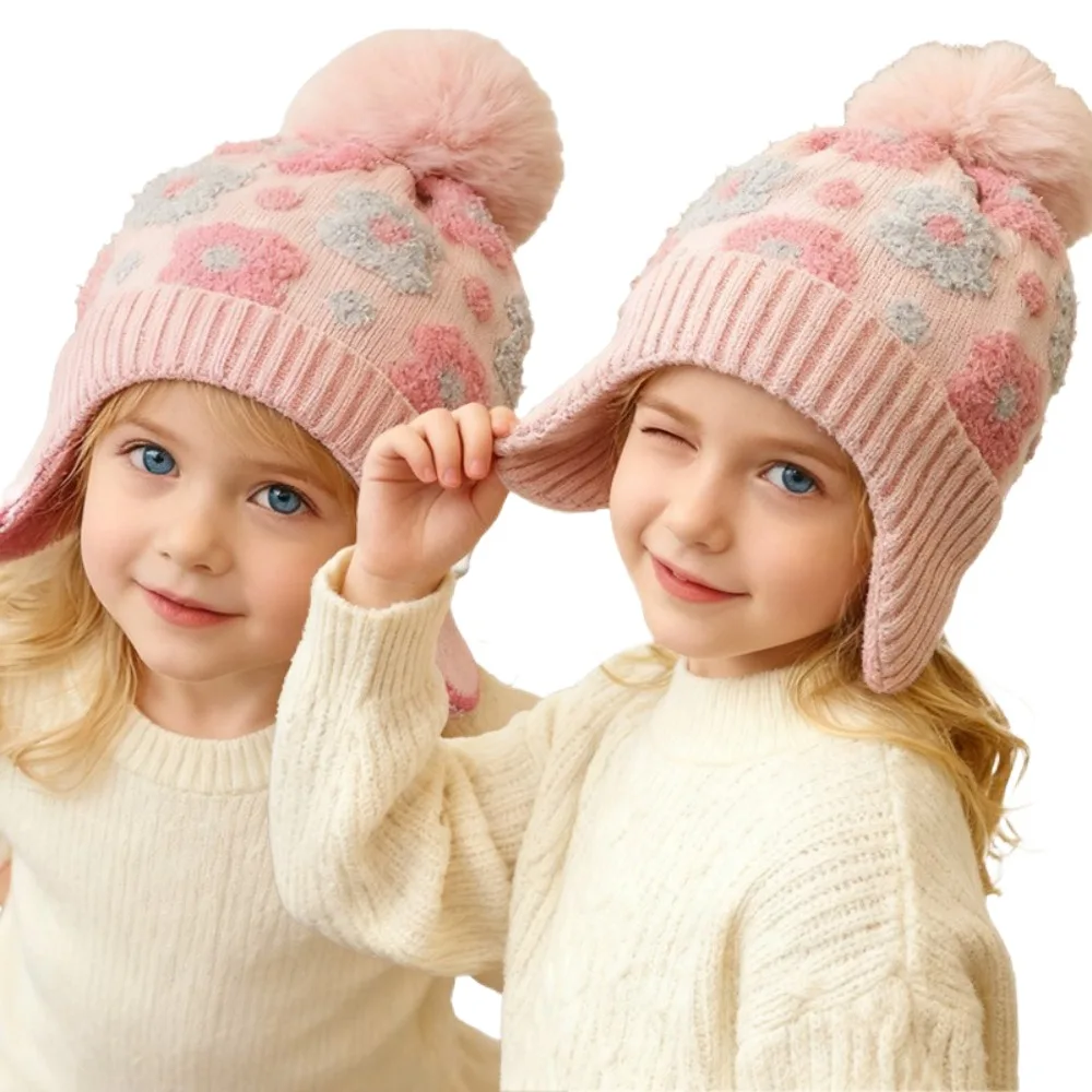 

New Winter Flower Ear Protector Hat Kids Warm Windproof Toddler Bonnet 2-8Y Thicken Pompom Knitted Hats Children's Outdoor