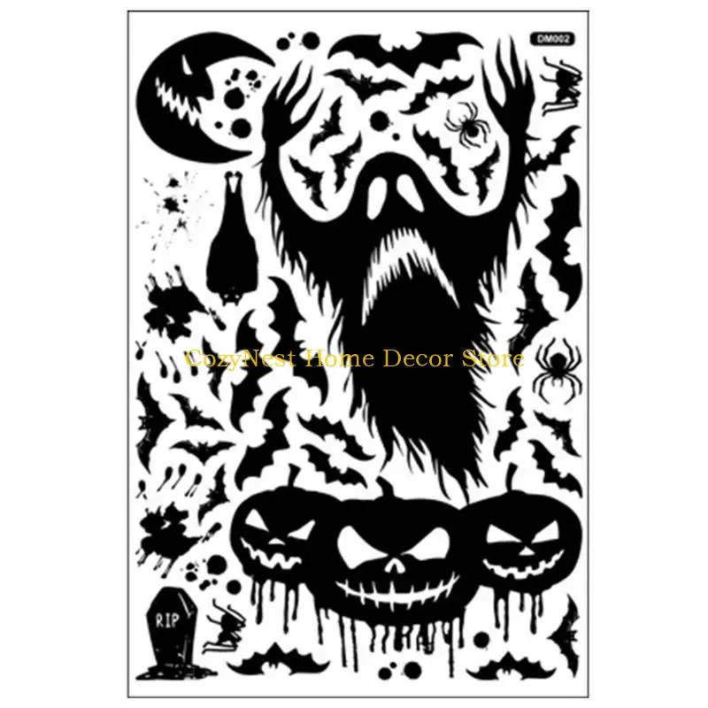 92MF Halloween Large Skull Head Pumpkin Stickers Witches Bat Static Stickers Halloween Party Decoration for Home Supply