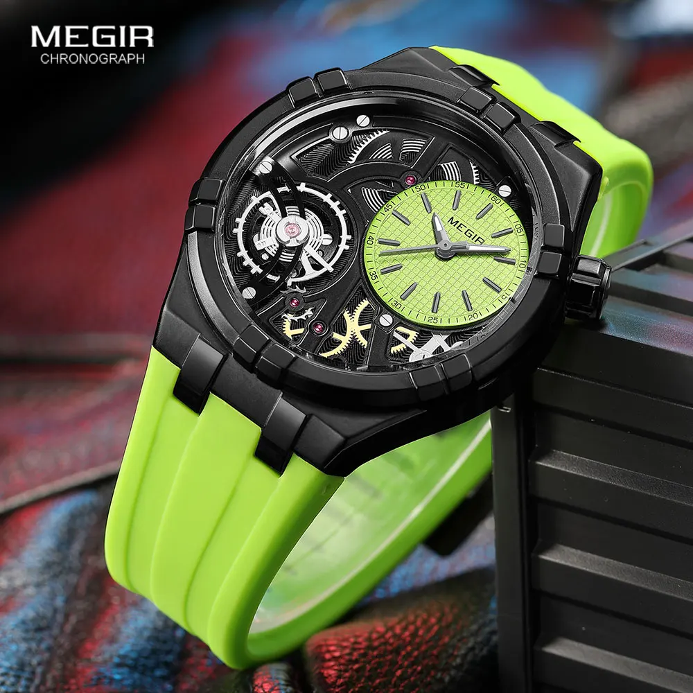 MEGIR Military Sport Quartz Watch for Men Fashion Black Silicone Strap Waterproof Wristwatch with Luminous Hands MN8111G