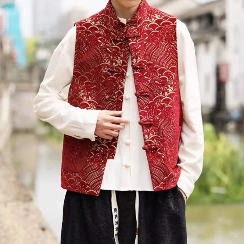 

Новая улучшенная мужская жилетка в стиле династии Тан 2026 года, жаккардовая, с пуговицами-лягушками, безрукавка, винтажная