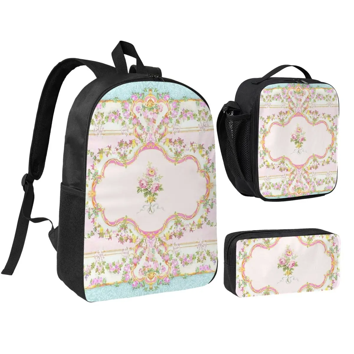 

French Rococo Floral Watercolor Panel Backpack Boys Girls BookBag School Bag Shoulder Bags 3ps Insulated Lunch Bag Pencil Case