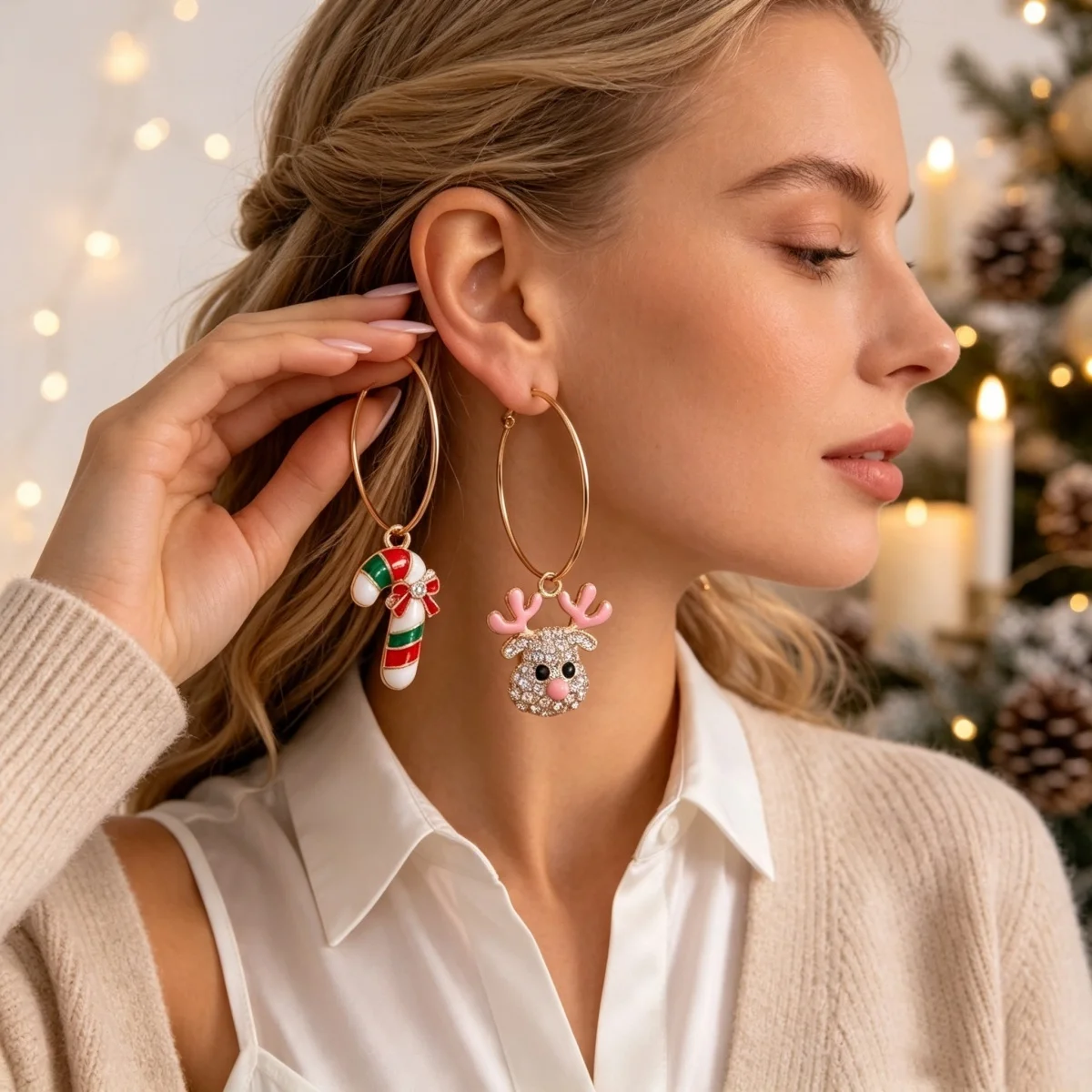 3 Paar/Set Weihnachts-Strass-Ohrringe mit Hirsch, Zuckerstange, Geschenkbox, für Damen, niedliche Weihnachtsmann- und Weihnachtsbaum-Ohrringe, Schmuck – Detail 11