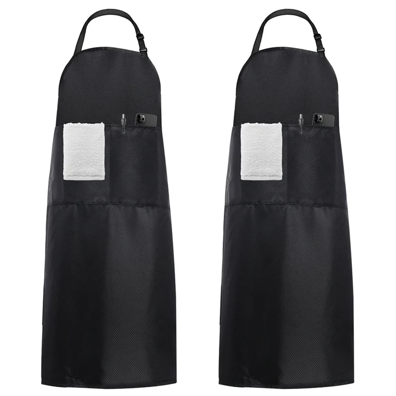 L74A 2PCS ผ้ากันเปื้อนครัวกันน้ำกันน้ำมันผ้ากันเปื้อนทำอาหารพร้อมสายคล้องคอปรับได้ 2 กระเป๋า