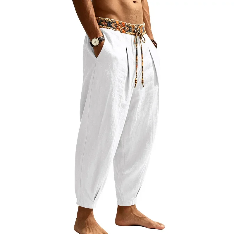 Herren 95% Leinen Haremshose Boho Blumenmuster Kordelzug Taille Lässige Weite Hose Strand Urlaub Knöchellange Hose – Detail 7