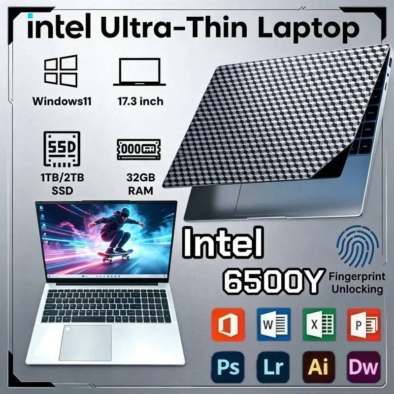 New 17.3 Inch Large Screen Notebook Intel 6500Y 32GB 2TB Windows11 Portable HD Laptop For Student Home Use