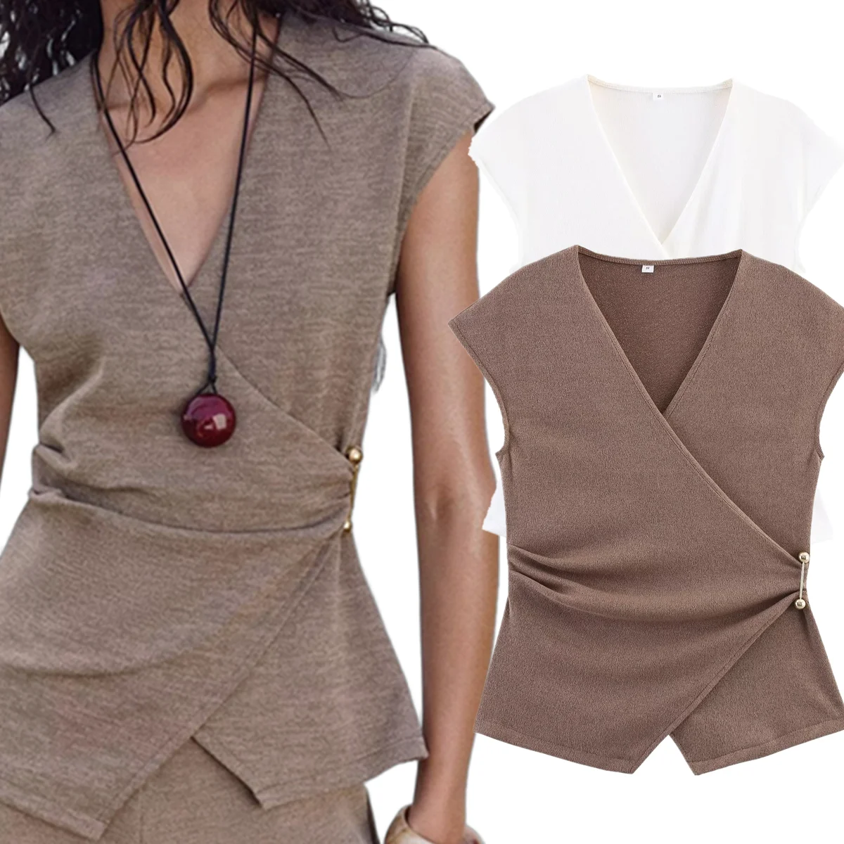 

Jenny&Dave Fashion Office Ladies Nordic Minimalist Solid Color Knitted Wrap T-shirt Women Short Sleeved Elegant Casual Lace Up T