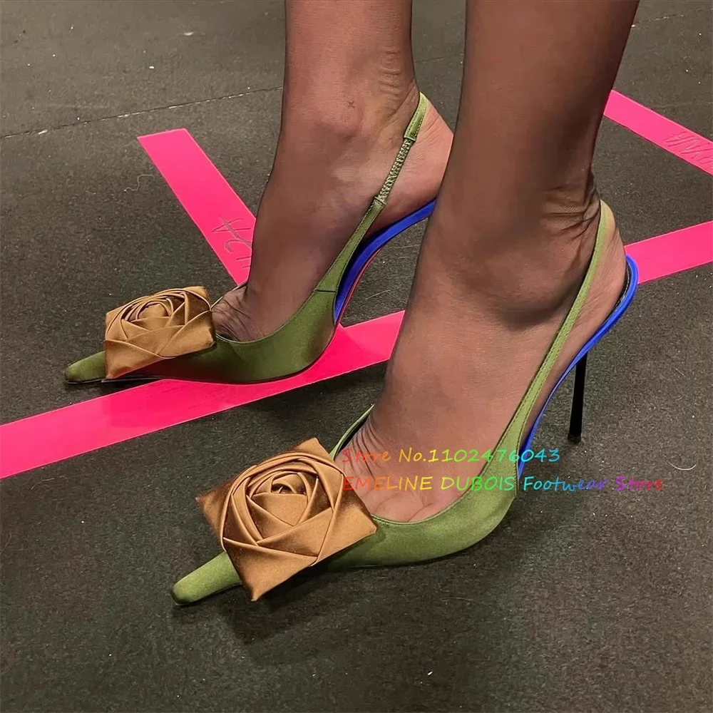 

Elegant Flower Decoration High Heels Women Pointed Toe Stiletto Heel Slingback Satin Trendy Wedding Dress Pumps Summer Sandals
