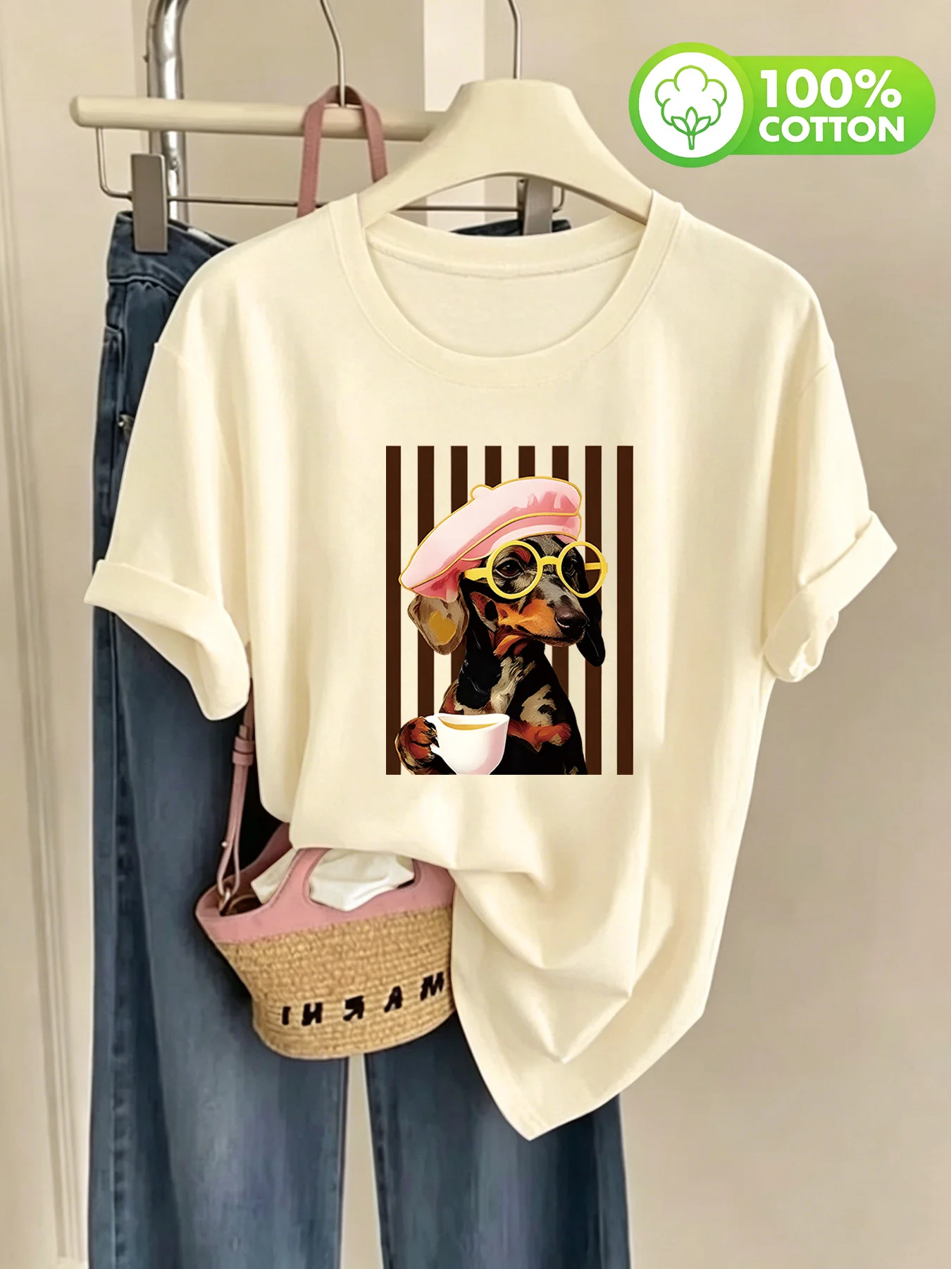 Beret Glasses Coffee Sausage Dog Vertical Stripe Cartoon Print Women's T-shirt French Retro Casual Loose Round Neck Top