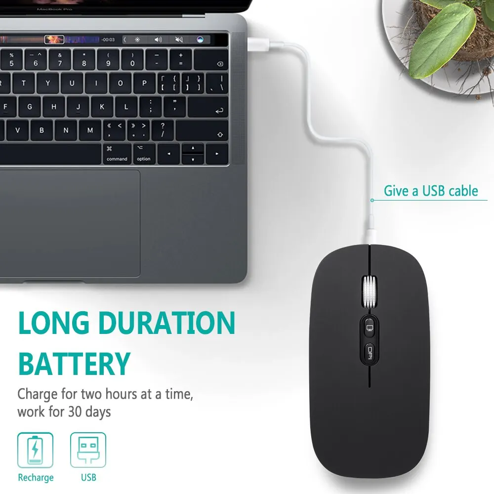 Wireless Mouse 2.4GHz Slim Rechargeable Silent Click Ergonomic 3 DPI Adjustable with Type C Adapter for Laptop PC Macbook