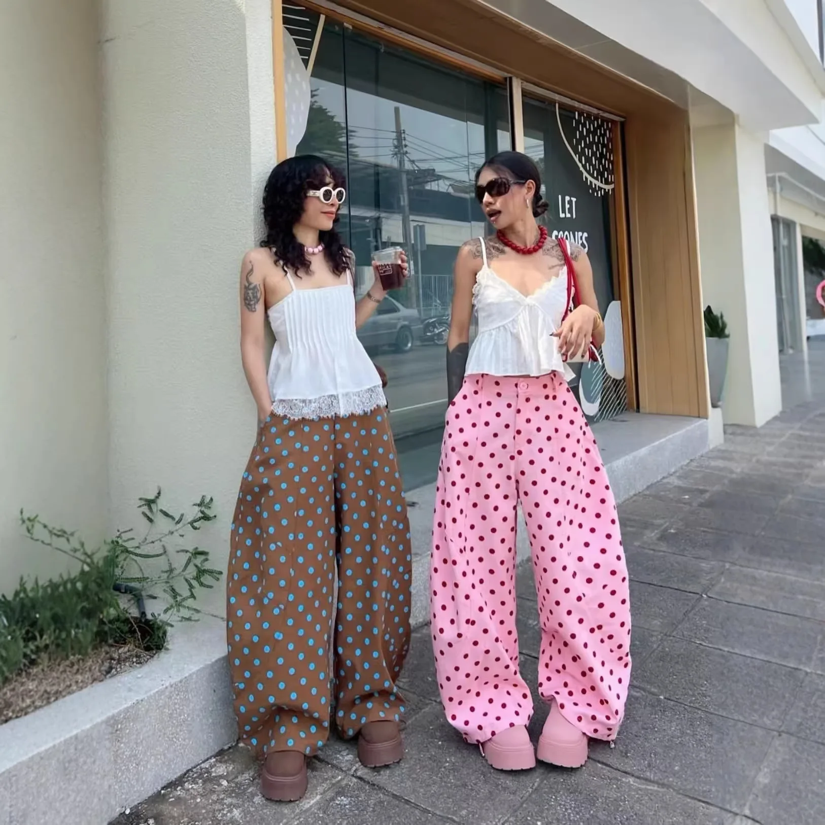 2026 New Retro Polka Dot Fashion Casual Wide-leg Loose Women's Trousers