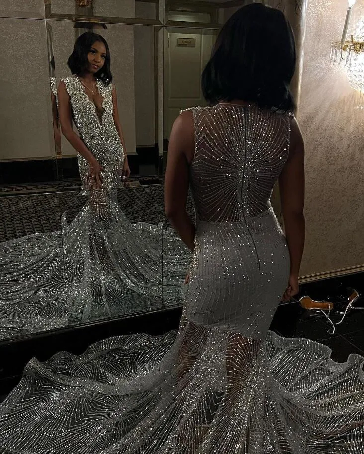 Robe de Soirée Transparente en Argent et Diamant pour Femme, Tenue de Bal, de Réception, de Luxe, Clip, pour Anniversaire, 2024