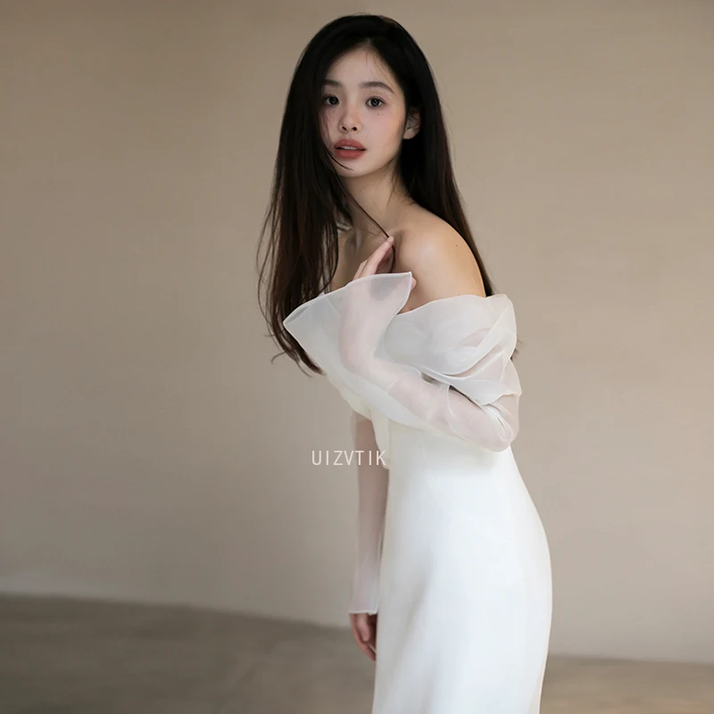 Simple Satin Mermaid Wedding Dress Elegant Off-Shoulder Long Bridal Gown White Tulle Long Sleeve Party Formal Occasion Dress