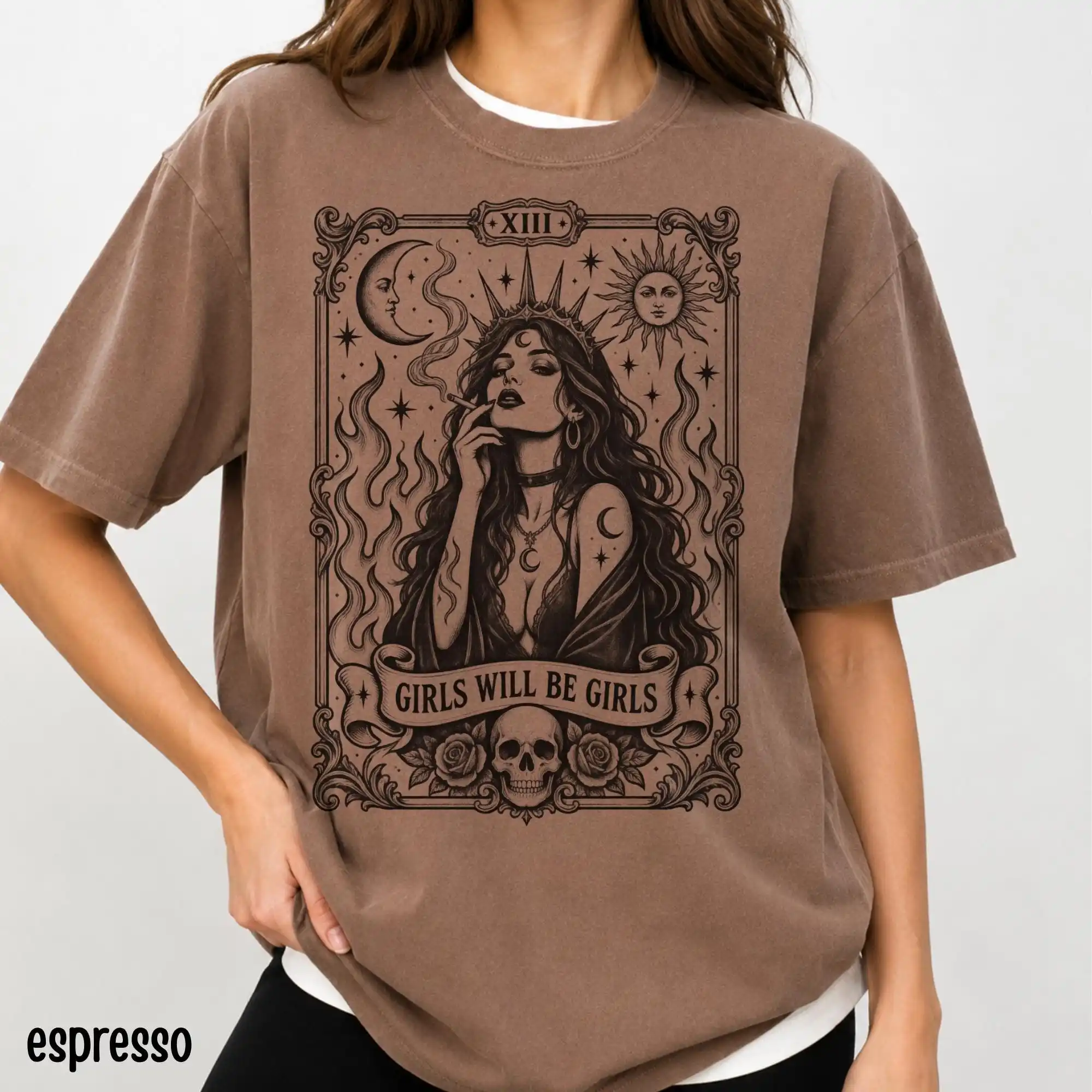 Girls Will Be Girls Tarot Card Shirt: Gothic Witch, Flames, Feminist Halloween Tee