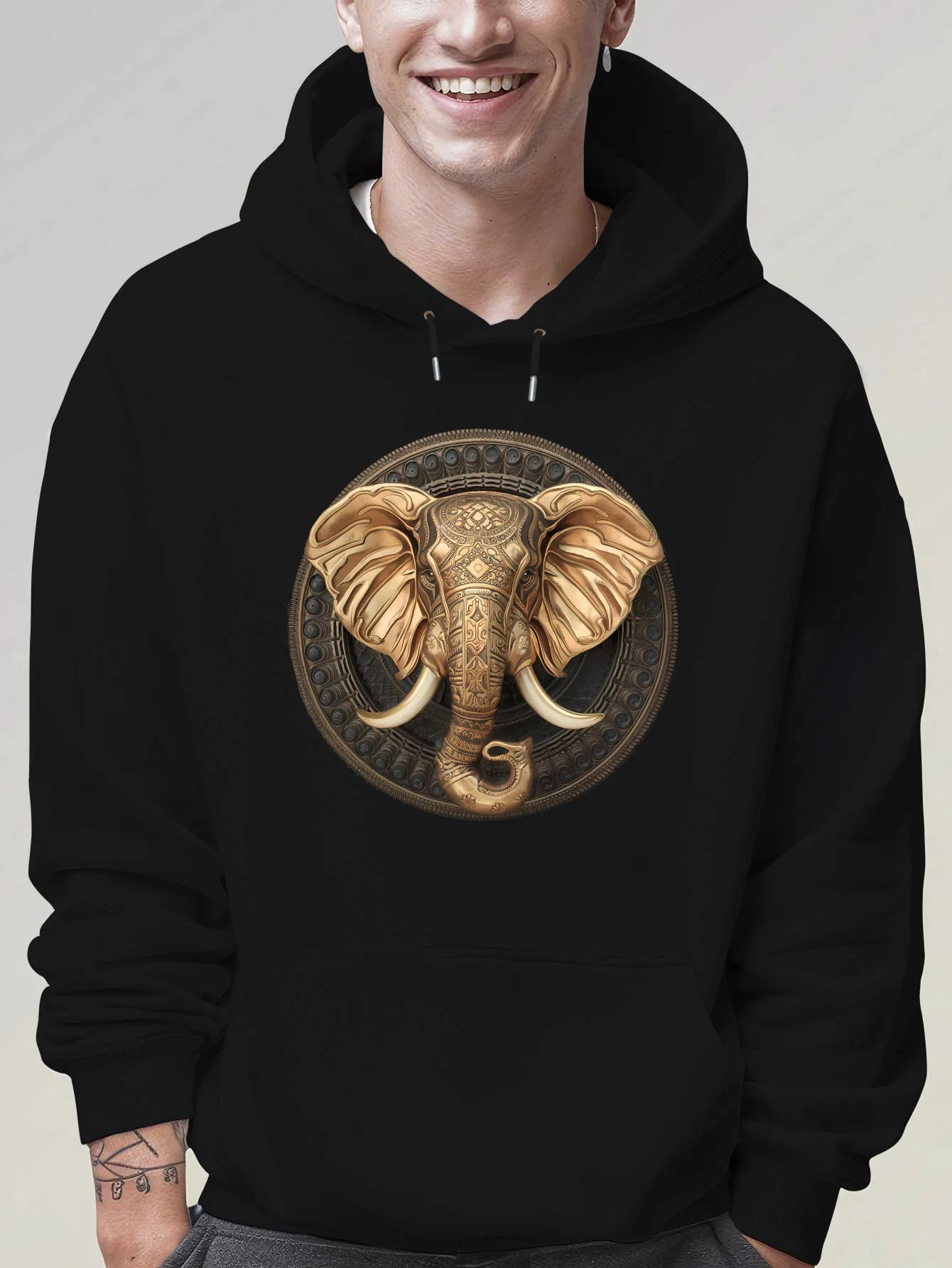 Men's Thai Elephant Printed Hooded Sweater - Large Size Black Sweater with Thai Elephant and Text Patterns, Soft Fabric Autumn and Winter Streetwear, Casual Thai Cultural Clothing, Exquisite Gifts, Plus Size