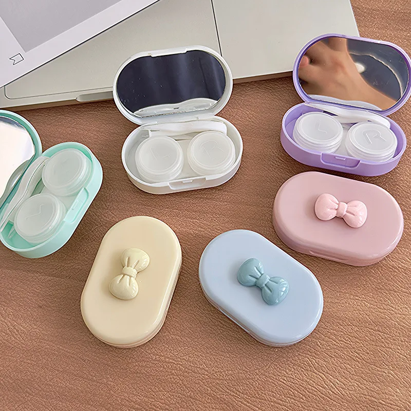 علبة عدسات لاصقة على شكل فيونكة مع مرآة صغيرة محمولة للعناية بالعيون، صندوق حاوية عدسات لاصقة، مجموعة أدوات السفر، منظم إكسسوارات النظارات #1