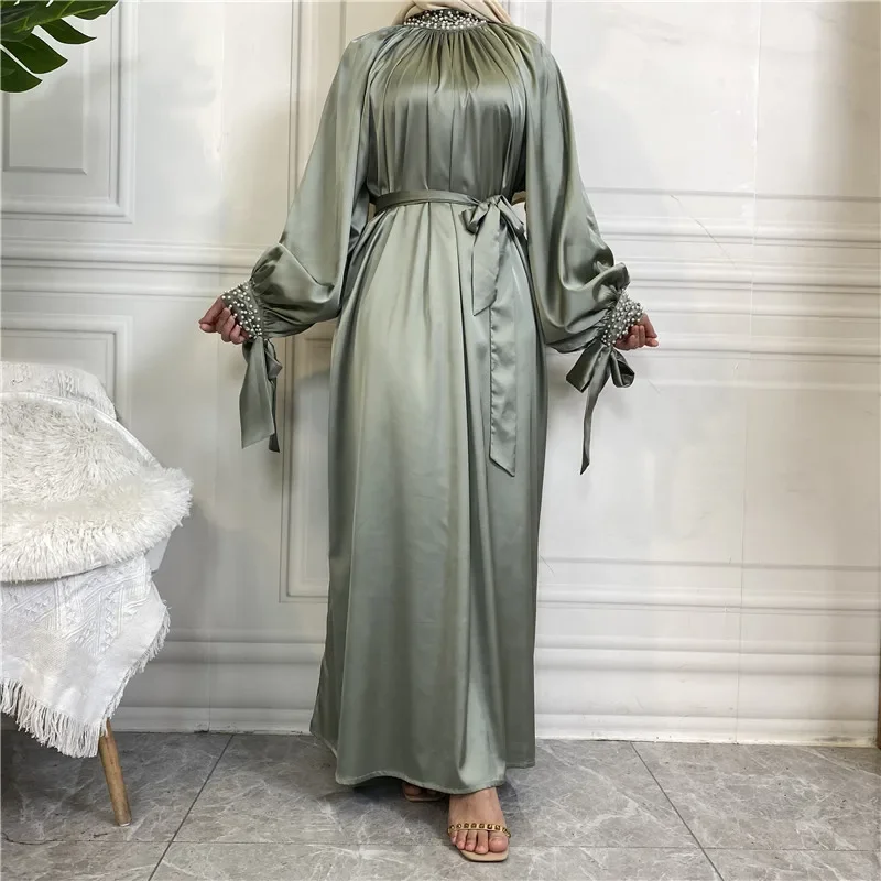 Vestido muçulmano feminino pérola manga comprida vestido de moda oriente médio dubai islâmico africano abaya muçulmano impressão cetim vestido de renda