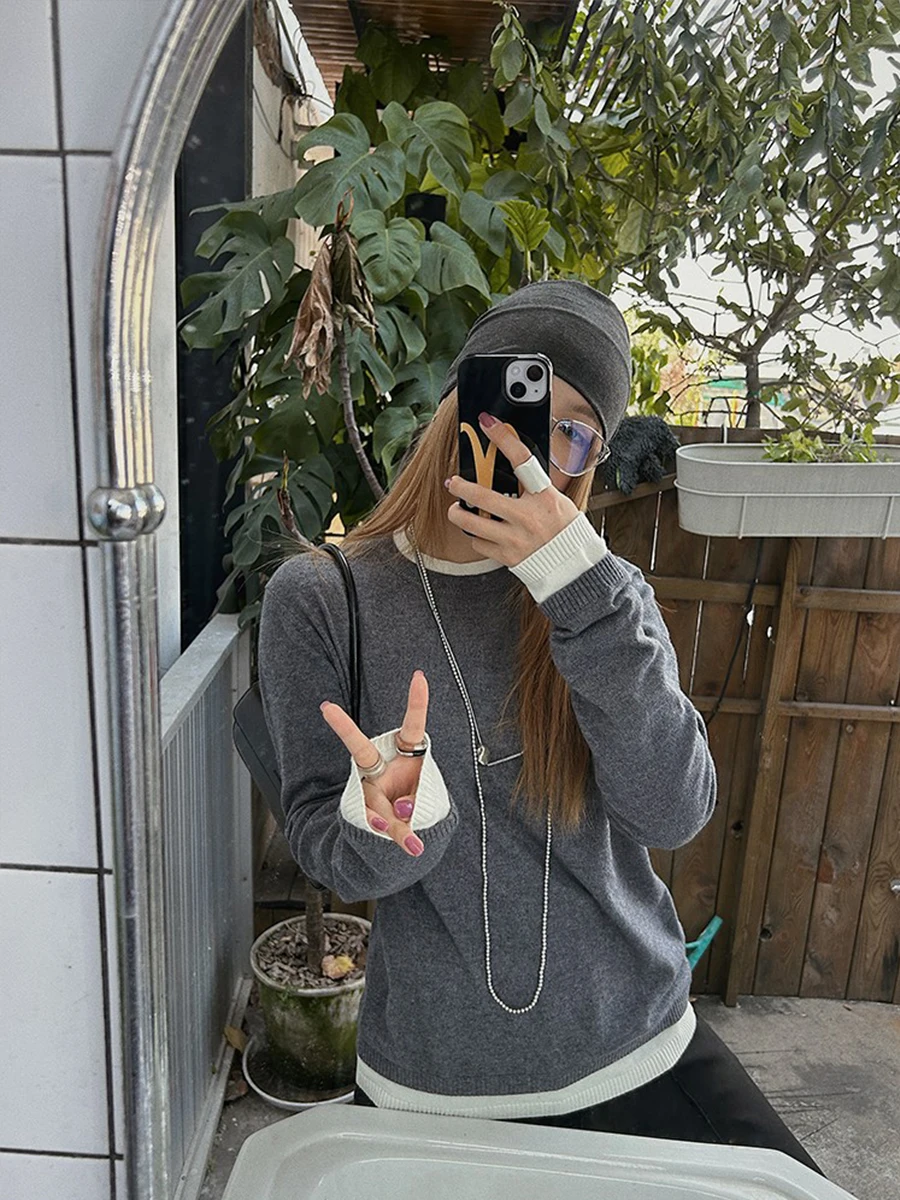 

MOEROP Basic "Раличный" Шерстяная искусственная двухсекционная основа irt round Ne Свободный женский топ Street Sle Long Sve Color