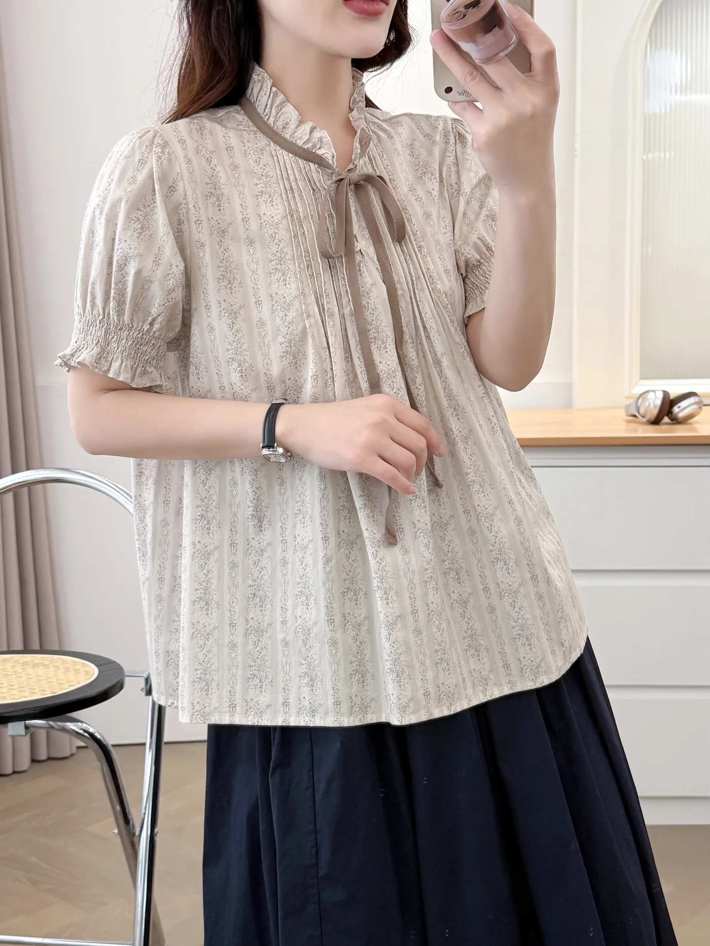 ใหม่2025ฤดูร้อนผ้าฝ้ายพัฟแขนเสื้อผู้หญิงยืนพิมพ์Lace-Up, Moriสาวภาษาฝรั่งเศสคําVINTAGE Casualหลวมเสื้อt55818CC