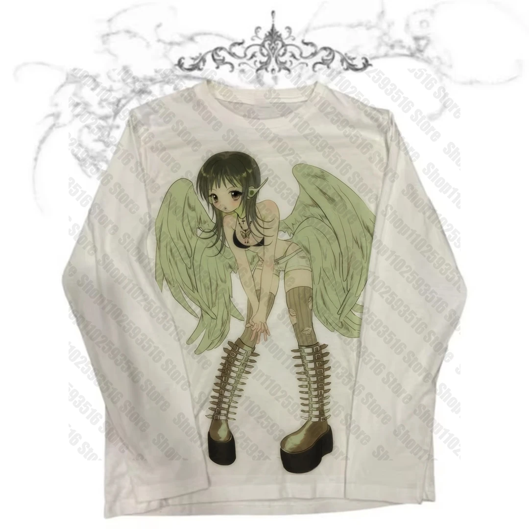 Top Y2k ropa mujer Chica de anime Emo manga larga 90s ropa vintage Trashy Y2k 2000s Tops Shoujo chica estilo camiseta para mujer