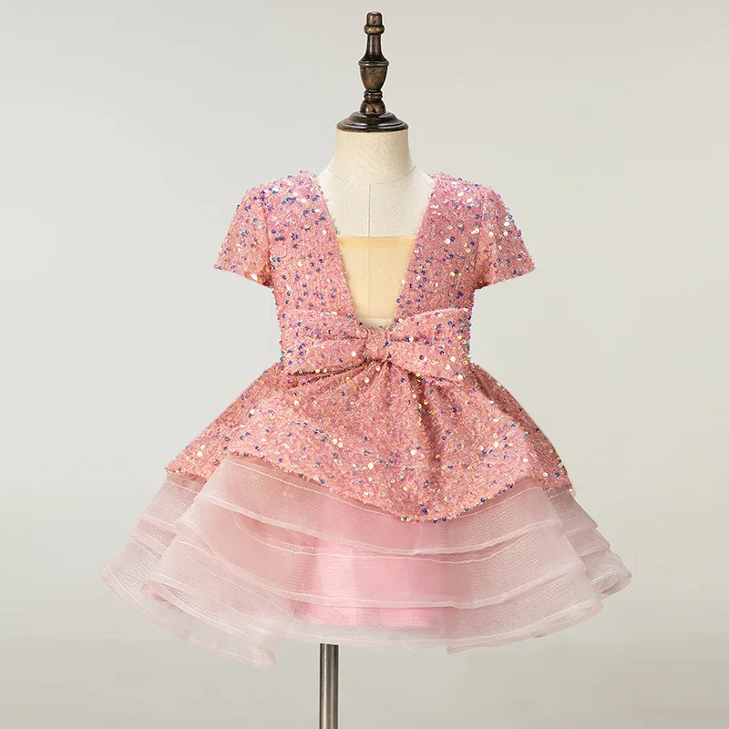 Robe de Soirée Courte en Velours Blanc et Rose pour Fille, Tenue Élégante de Luxe à Paillettes pour Enfant