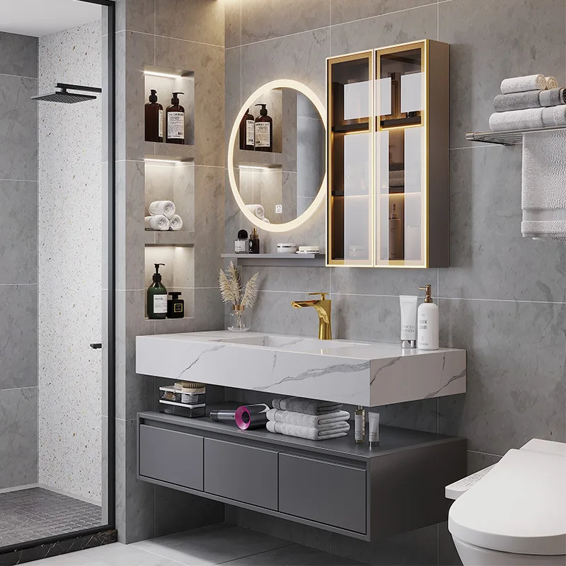 Rock slab integrated basin, solid wood minimalist light luxury wash basin cabinet, wash basin cabinet combination wash basin bas