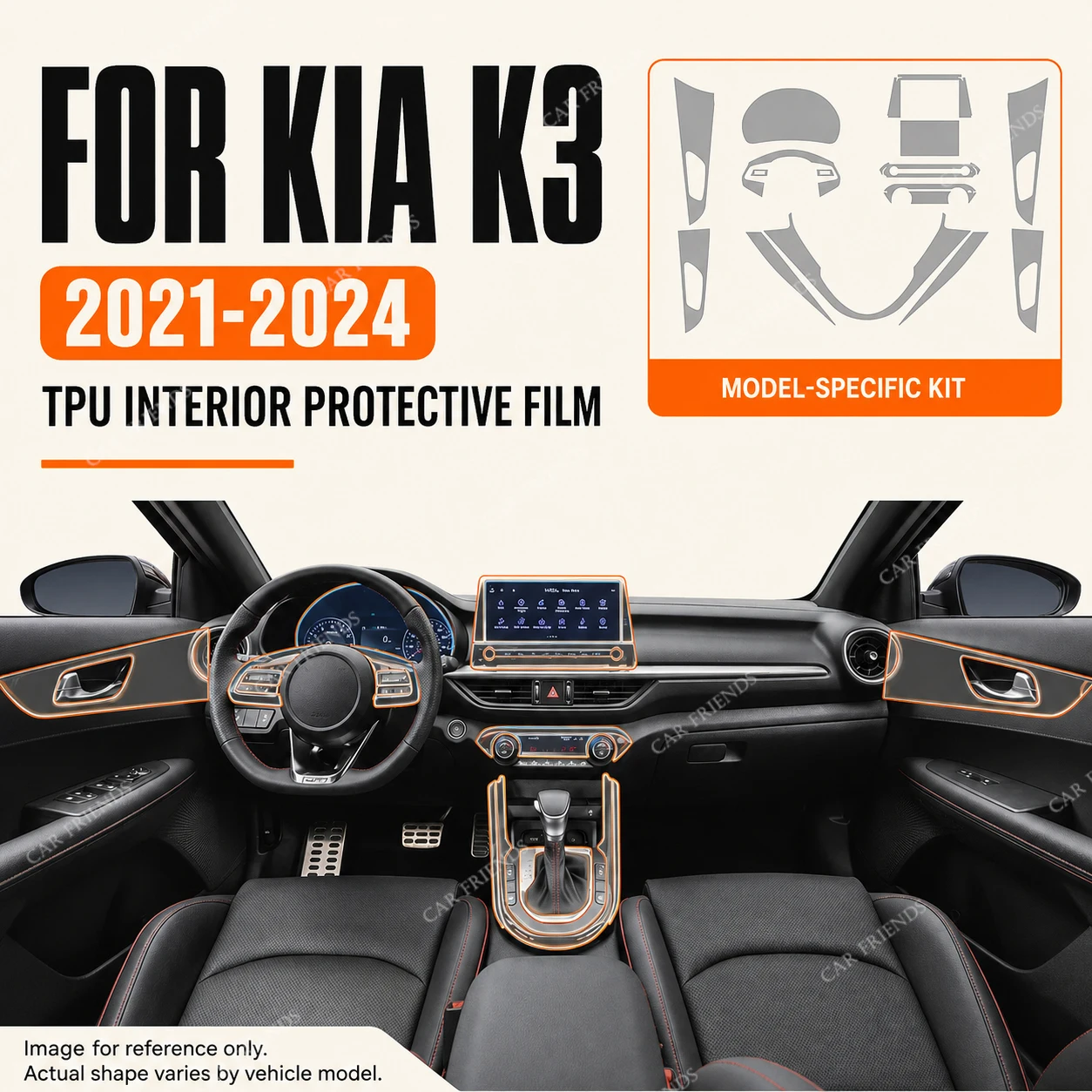 For Kia K3 2021-2024 Model Transparent TPU Anti-Scratch Car Interior Protective Film for Navigation Screen and Gear Shift Panel