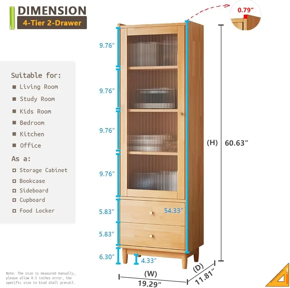 Wooden Glass Door Bookcase - 4-Tier Cube Bookshelf Storage Cabinet With Double Drawer And Adjustable Shelf, Solid Wood Legs