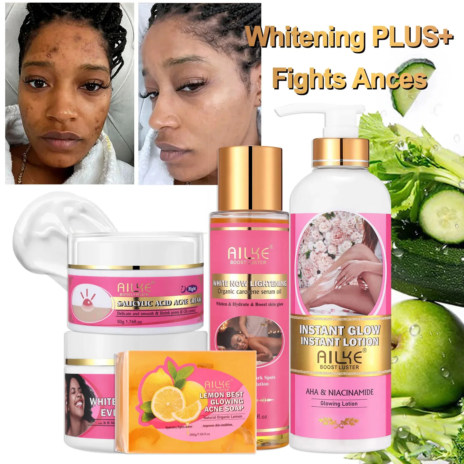 AILKE Ensemble éclaircissant naturel pour la peau, nettoyer l'obscurité, l'acné, les taches, hydrate, éclaircissant, lisse, améliore les peaux rugueuses et sèches 1