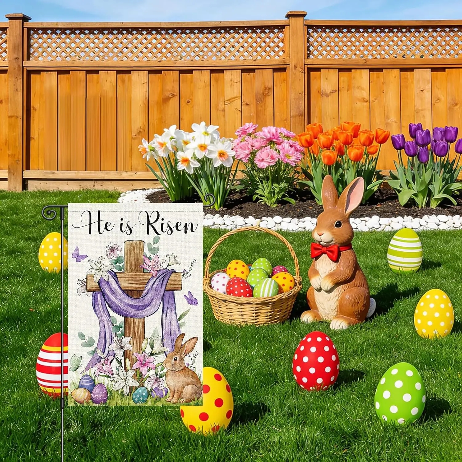 Louise Maelys He Is Risen Garden Flag Easter Egg Bunny Rabbit Floral Cross Double Sided 12x18 Inch Small Butterfly Burlap We AAS