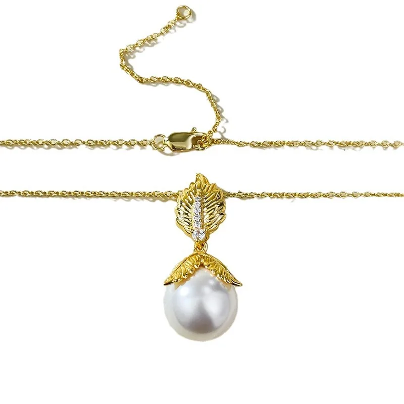 Small and Versatile New S925 Silver Plated French Romantic Gold Leaf 12mm Pearl Pendant New Middle Ages Necklace for Women