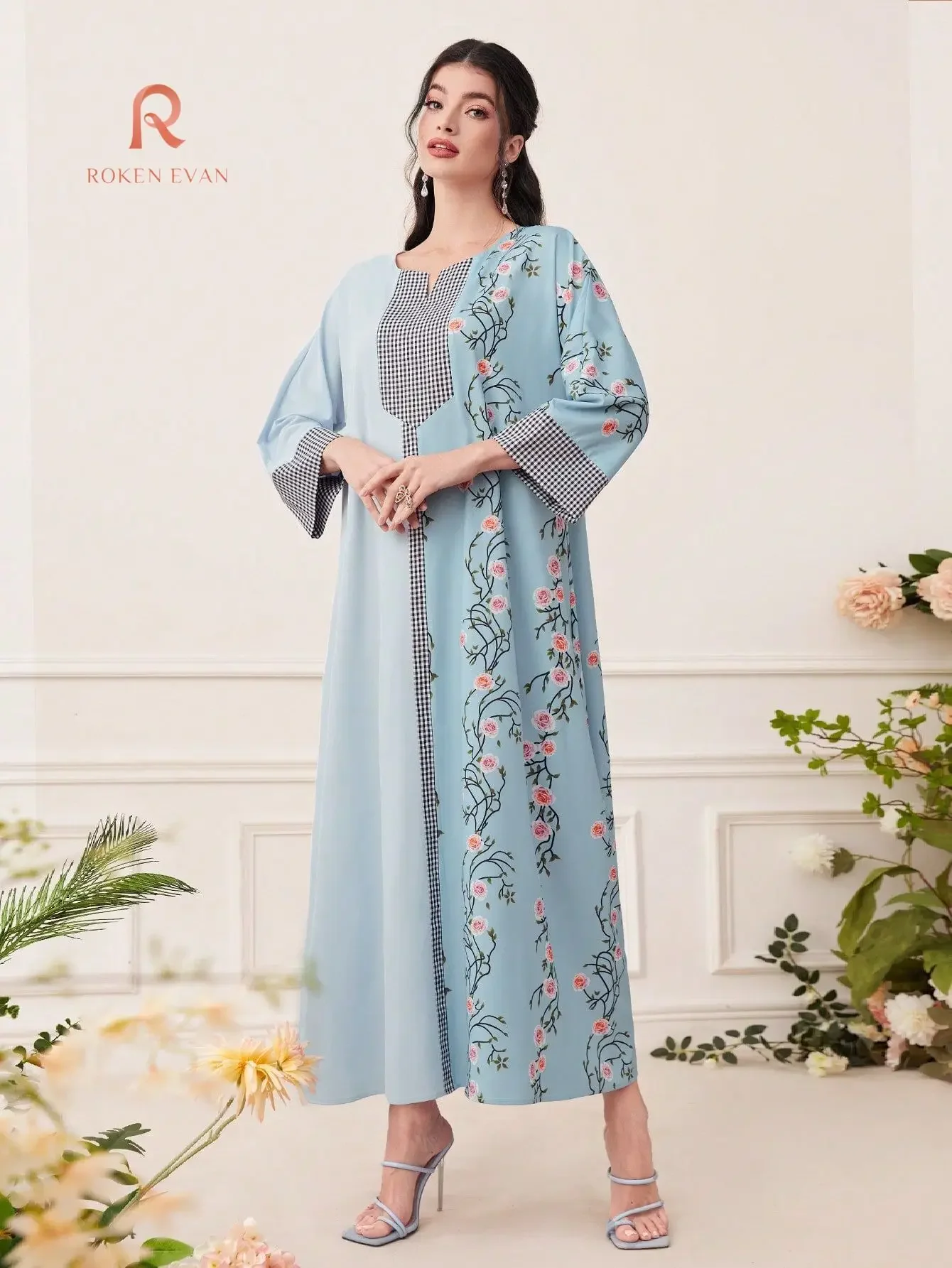 ROKEN EVAN 2024 Middle East Muslim fashion new patchwork vintage print V-neck dress robe abaya