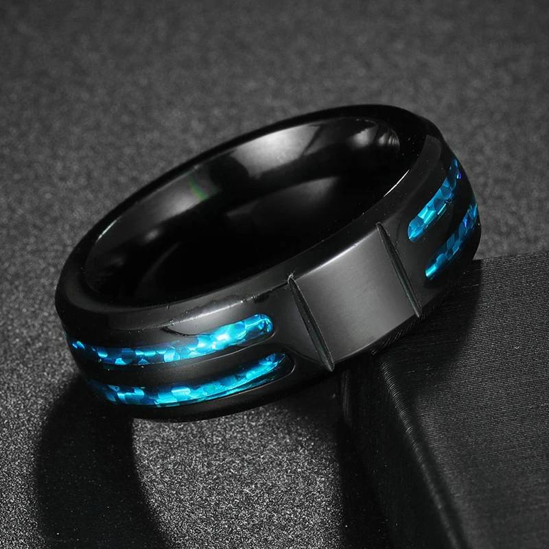 Personalize o logotipo 8mm anel masculino groove inlay azul opala anéis de casamento personalizado simples ícone imagem presente significativo para o marido pai