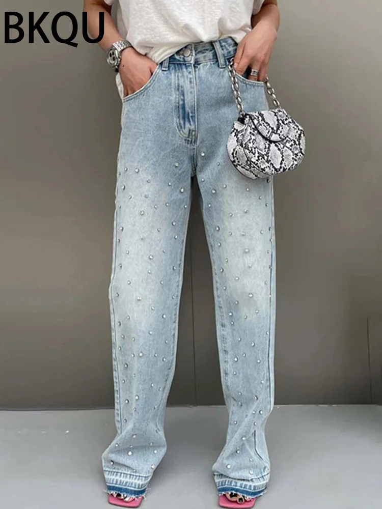 BKQU Straight Baggy Jeans Women High Waist Wide Leg Rhinestones Denim Long Pants 2023 Fashion Streetwear Diamonds Shinny Trouser