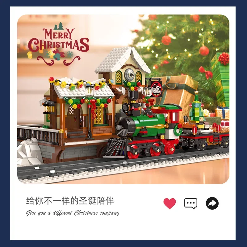 Casa de Navidad creativa, juguete de bloques de construcción, Idea, cabaña de nieve, árbol, estación de tren, juego de ladrillos DIY, juguete para niños, regalo de Navidad