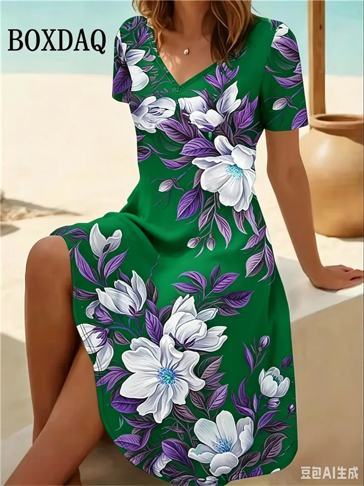 Vestidos de talla grande 6XL para mujer, vestido informal de verano para playa, vestido vintage bohemio con estampado floral, vestido holgado de manga corta con cuello en V, Vestidos