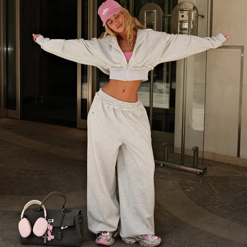 

TARUXY пальто с капюшоном, широкие брючные костюмы, женская повседневная короткая верхняя одежда с высокой талией, длинные брюки, уличные костюмы, осенняя новинка