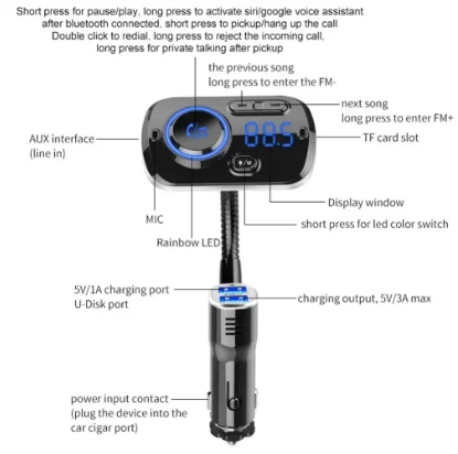 Battery Charging Units Bluetooth-compatible 5.0 Modulator USB Car Charger Kit Calling Music Player Night Vision LED Light