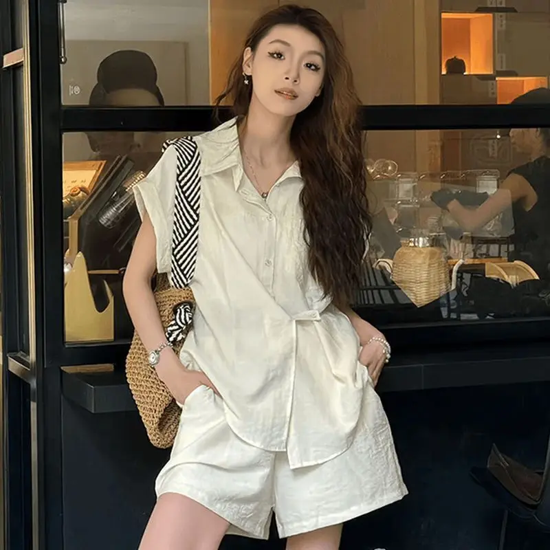 

Casual Sports Suit Women Summer Simplicity Polo Collar Short Sleeve Shirts Fashion High Waist Appear Thin Shorts Two-piece Set