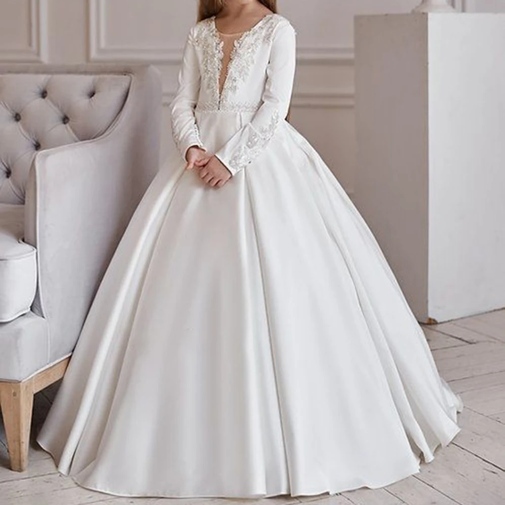 

Elegant White Flower Girl Dresses Princess Wedding Gown Long Sleeve First Communion Dress Solid Satin Ball Gown