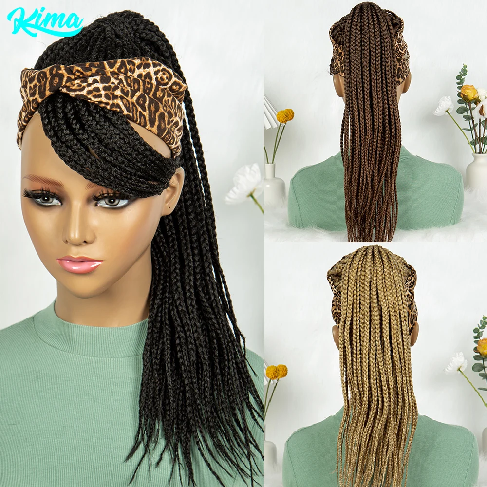 Kima-peluca trenzada con diadema sintética para mujer, cabellera con trenzas de punto de 24 pulgadas, con cola de caballo, turbante con estampado de leopardo, elegante