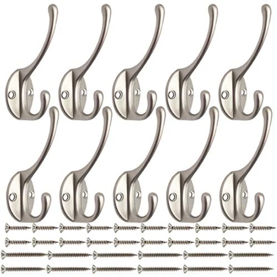 10 Pack Dual Coat Hooks Wall Mounted with 40 Screws Retro Double Hooks Utility Hooks for Coat, Scarf, Bag, Towel, Key, Cap, Cup