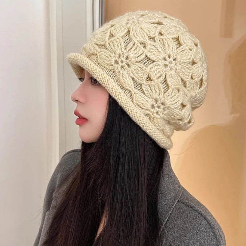 Korean Winter Crochet Hat - Handmade Floral Knit Cap with Double Roll Brim, Soft & Comfortable for Small Head, Christmas Style