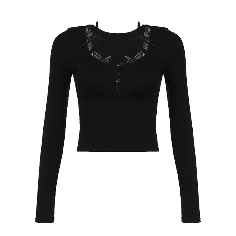 

Tight Fitting Slimming Solid Color Lace Patchwork Square Neck Long Sleeved Top With Buckle Halter Neck And Suspender T-shirt