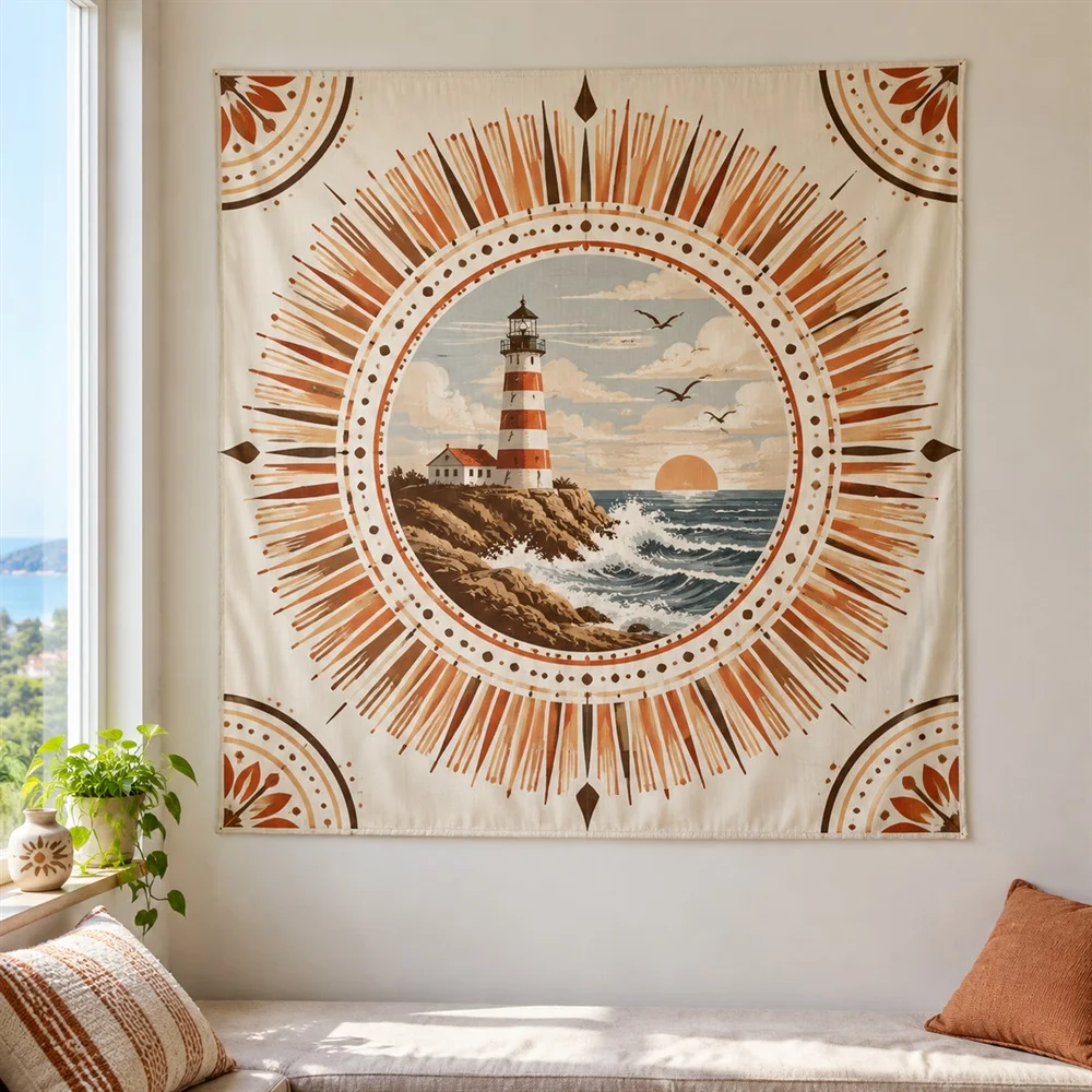 VIKAMA Lighthouse Coast Tapestry Wall Hanging, Coastal Scene Wall Art, Nautical Decor for Bedroom Living Room Bathroom Entryway