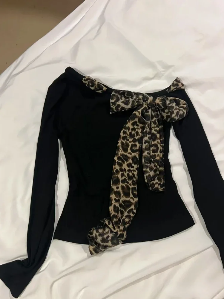 Aesthetic Vintage Slim Long Sleeve Tops Women Y2k Sexy Off Shoulder Solid  Leopard Print Top Gothic Chic Thin Thin T Shirt New