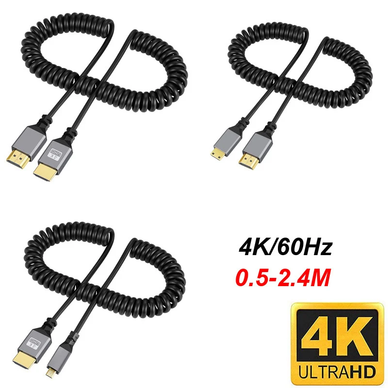 Mini Micro HDMI-compatible to with HDMI 2.0 4K HDTV Cable Adapter Male to Male Plug Video Extend Cord Spring Flexible Wire