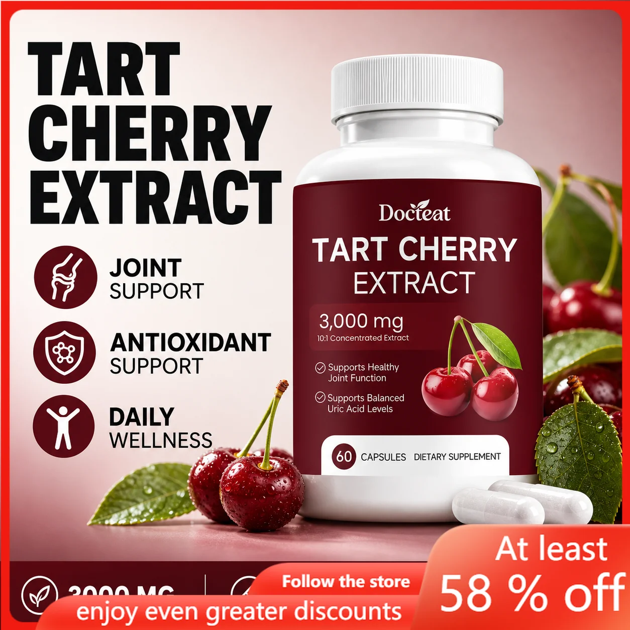 Docteat Tart Cherry Extract Capsules 3,000 Mg 10:1 Concentrated Sleep Onset Support Balanced Uric Acid Levels 60 Capsules