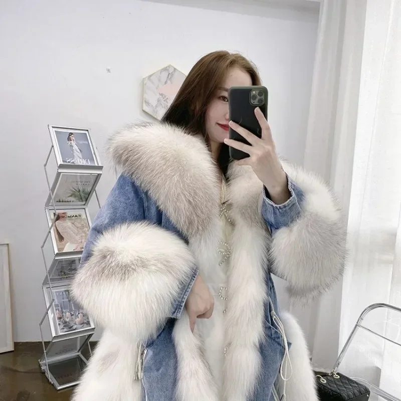 Winter Faux Fox Fur Cowboy Patchwork Fur Coat Women Jean Jacket Denim Coat Warm Parkas Cotton-padded Jacket Loose Outerwear