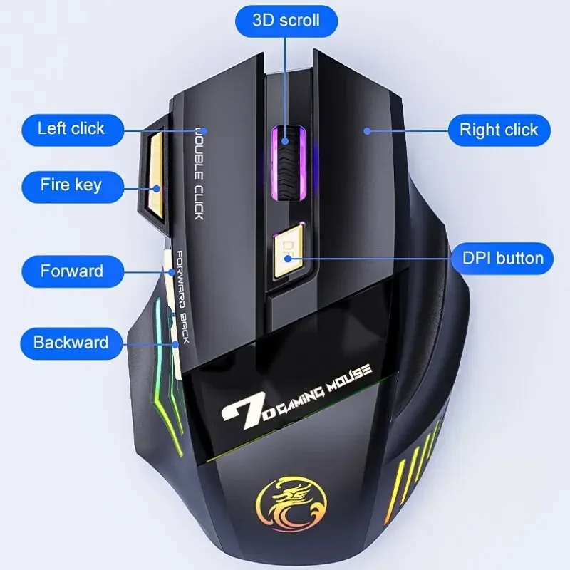 Gaming Mouse Wireless USB IMICE GW-X7 3200DPI Dual Mode Rechargeable 7 Keys 2.4Ghz Silent Mouse Bluetooth 7-color Breathing LED